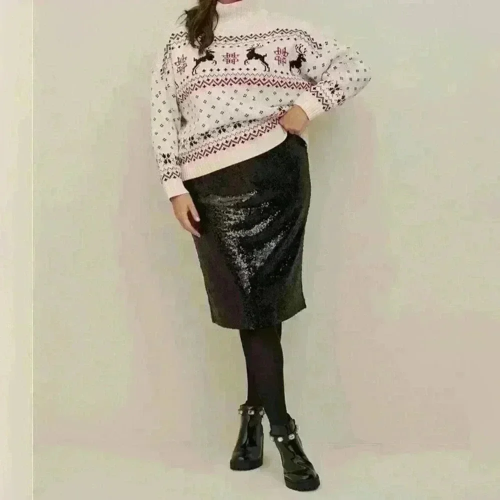TORRID Knit Turtleneck Christmas Pullover Cropped Sweater in Cream/Black/Red
